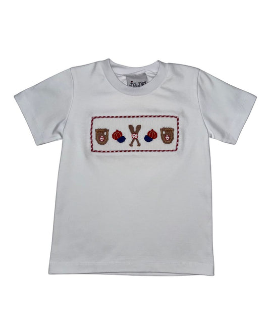 White t-shirt with smocked baseball design on a white background