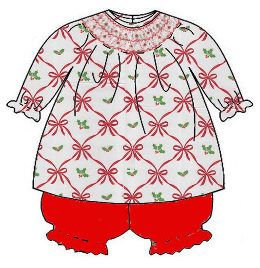 ALISON - Red Holiday Bow´s Print - Bishop Bloomer set L/S