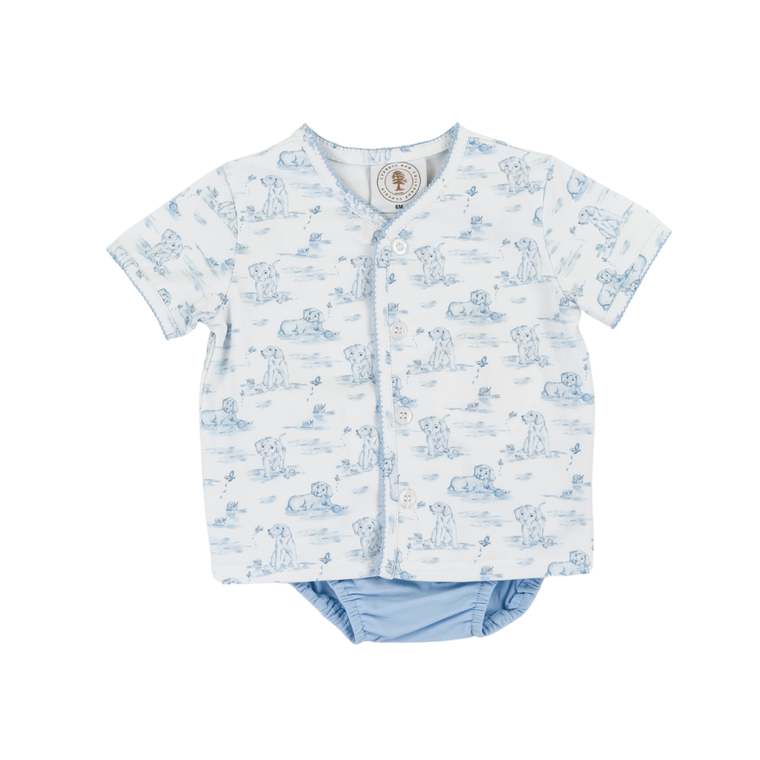 Baby boy diaper set outfit with blue and white dog pattern.