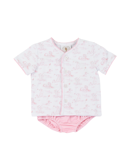 Baby girl pink bloomer set with doggie pattern.