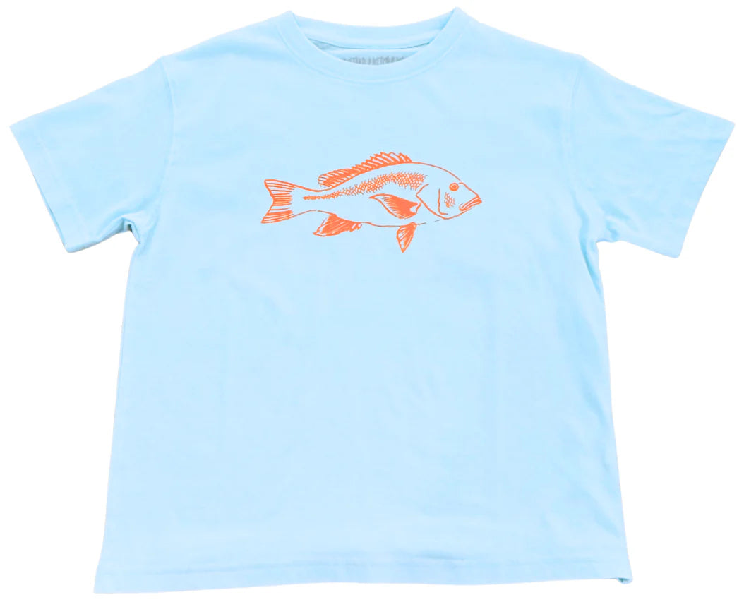 Light blue short sleeve tshirt with a red snapper design.
