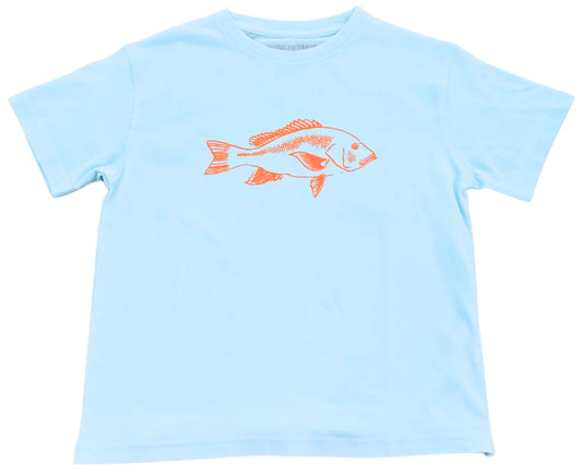 Light blue short sleeve tshirt with a red snapper design.