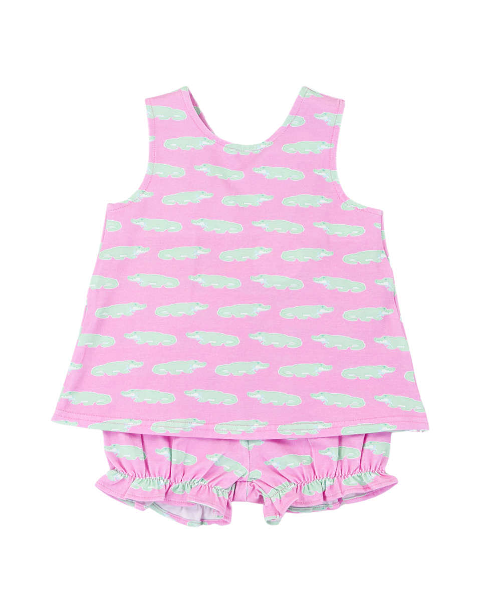 Pink and green girl bloomer set with alligator pattern. 