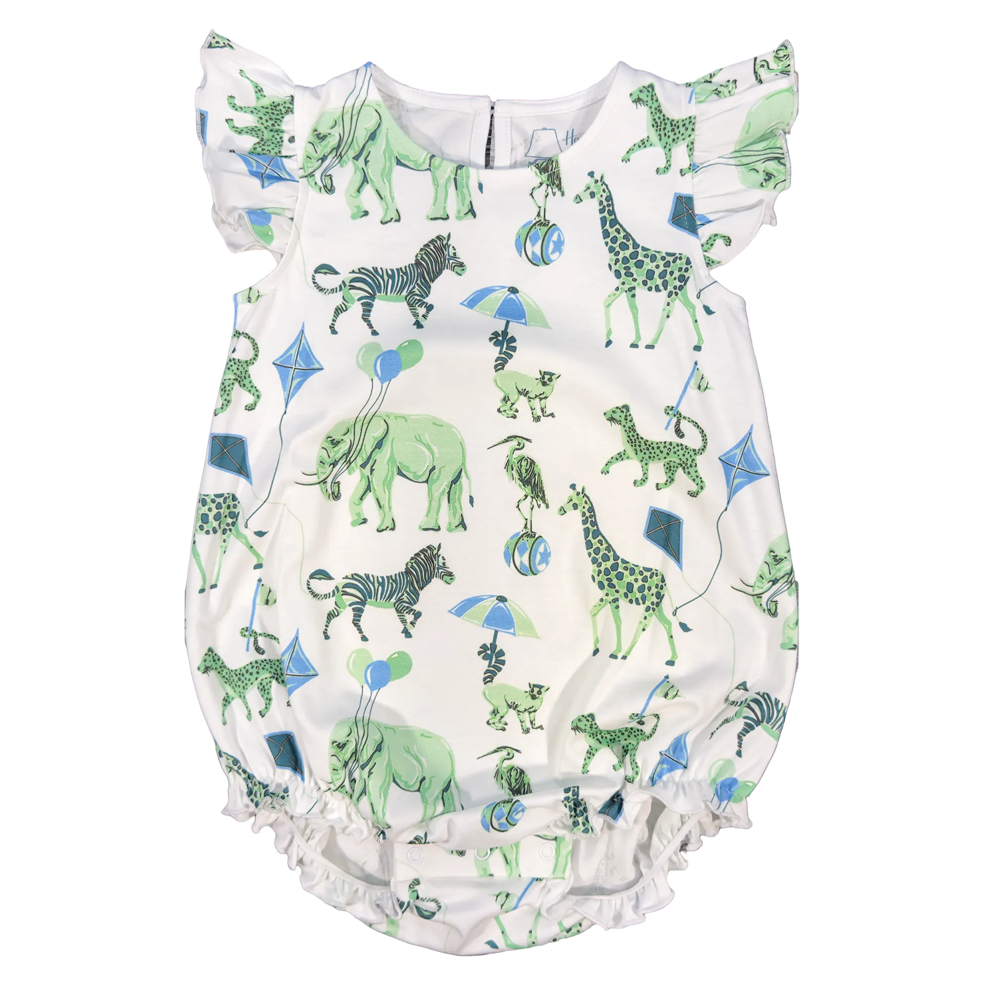 Ruffle sleeve bubble with safari animal print on a white background.