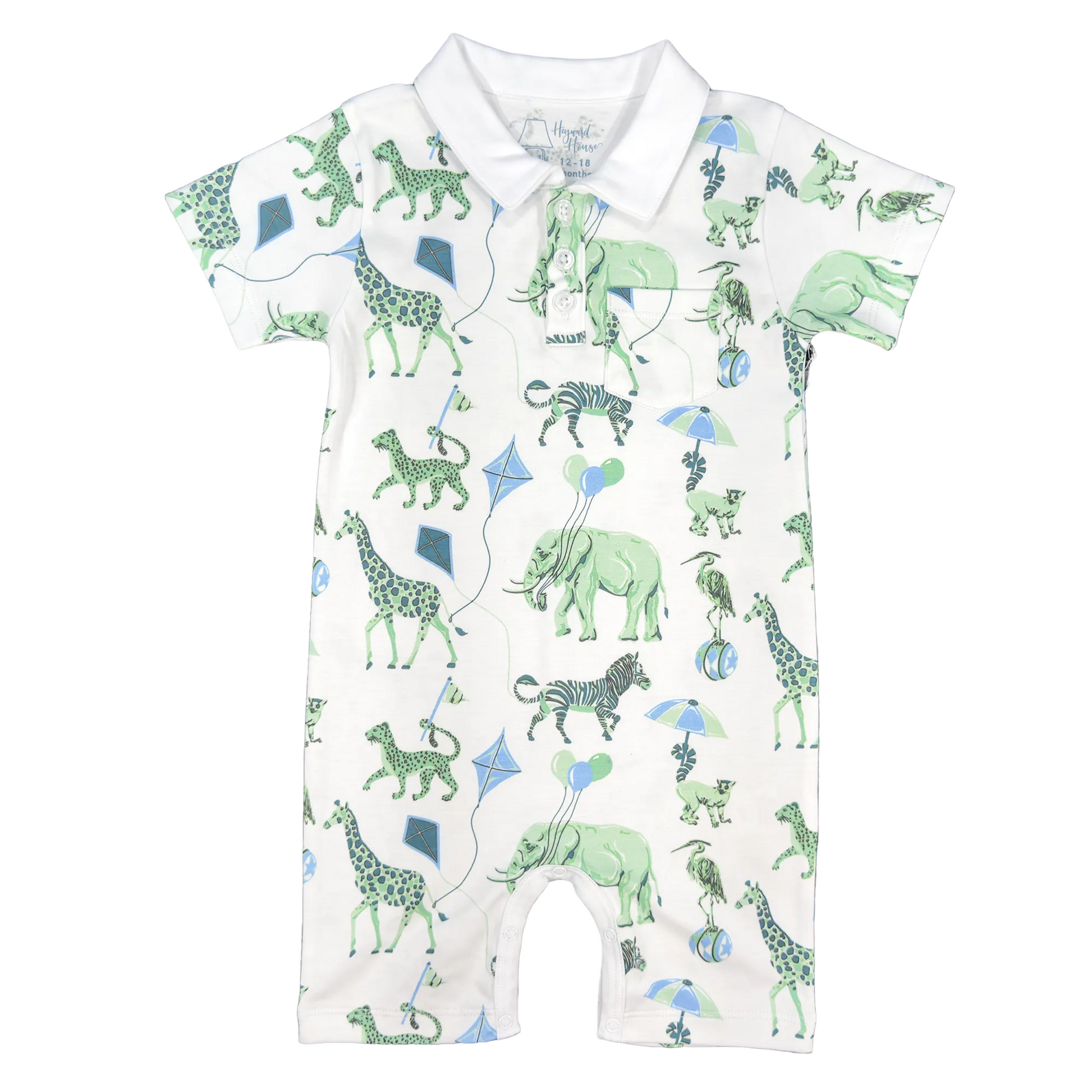 short sleeve romper with a safari animal design and a white collar.