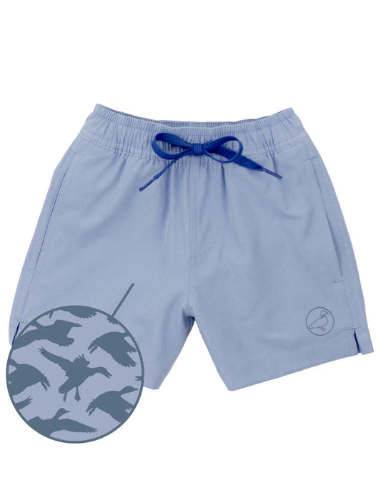 Light blue swim shorts with a close up of the mallard pattern that appears when the shorts are wet.