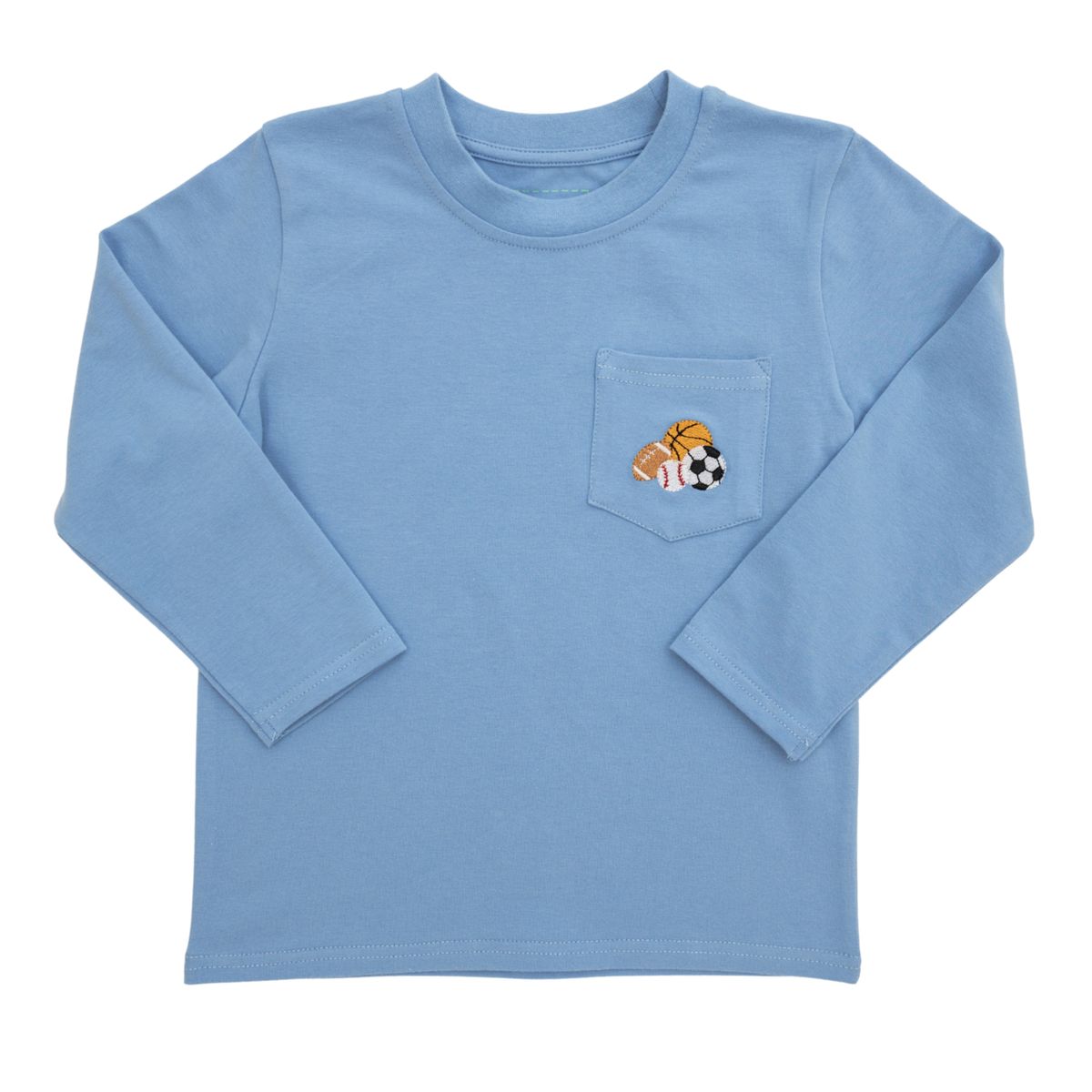 A light blue long-sleeve crewneck shirt with a chest pocket featuring a small graphic of a soccer ball and basketball.