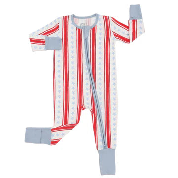 Red white and blue stars and stripes design on one piece pajama.