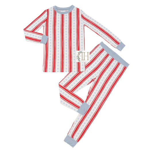 Two piece pajama set with red white and blue stars and stripes design.