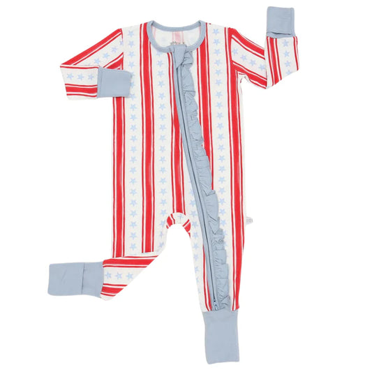 One piece pajama with ruffle zipper and red white and blue stars and stripes design.