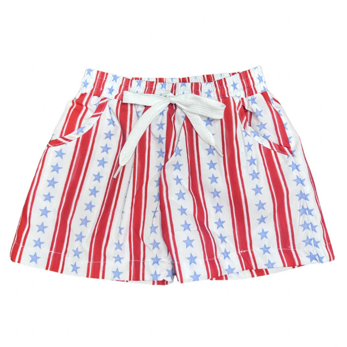 Red white and blue stars and stripes swim trunks.
