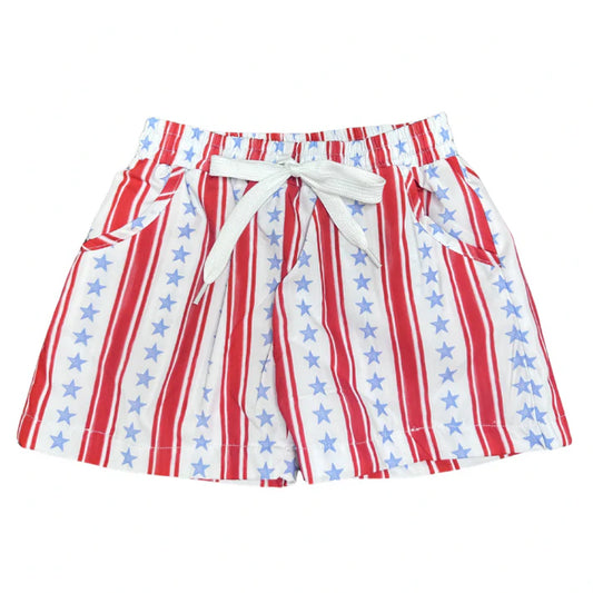 Red white and blue stars and stripes swim trunks.