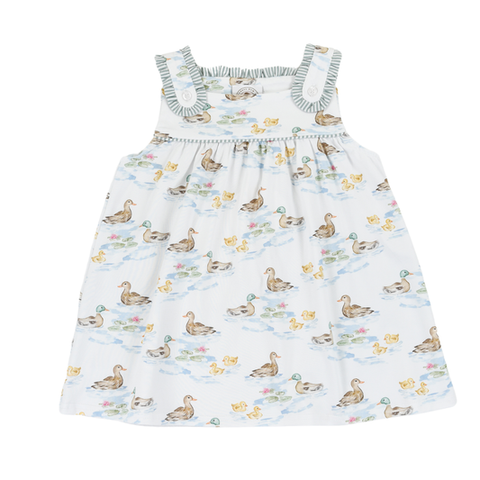 Children's dress with duck pattern on a white background
