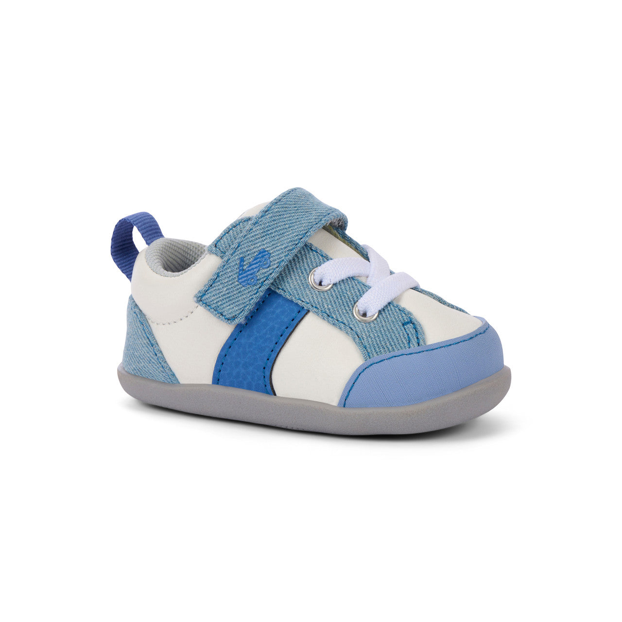 Blue and white leather shoe with velcro 