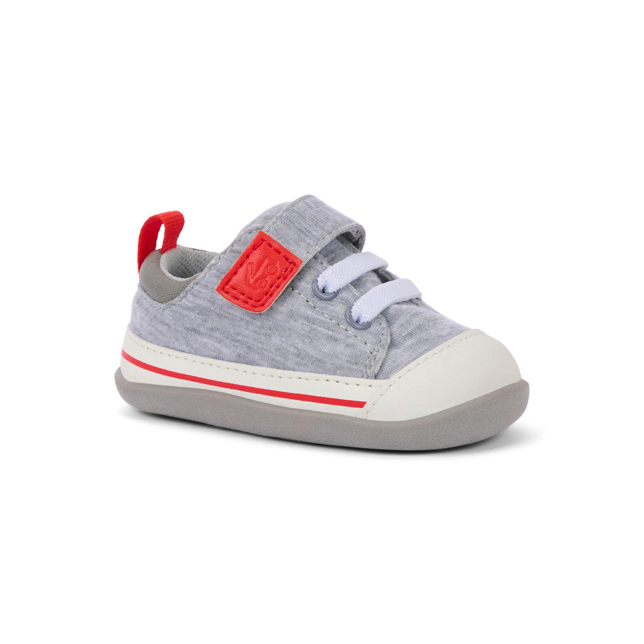 Gray children's shoe with red accents on a white background