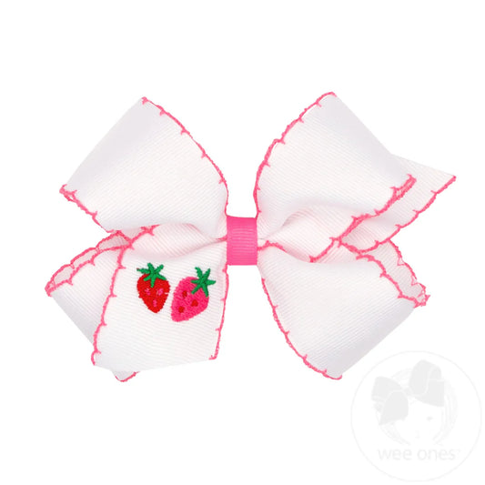 Grosgrain Hair Bow with Moonstitch Edge and Strawberry Embroidery