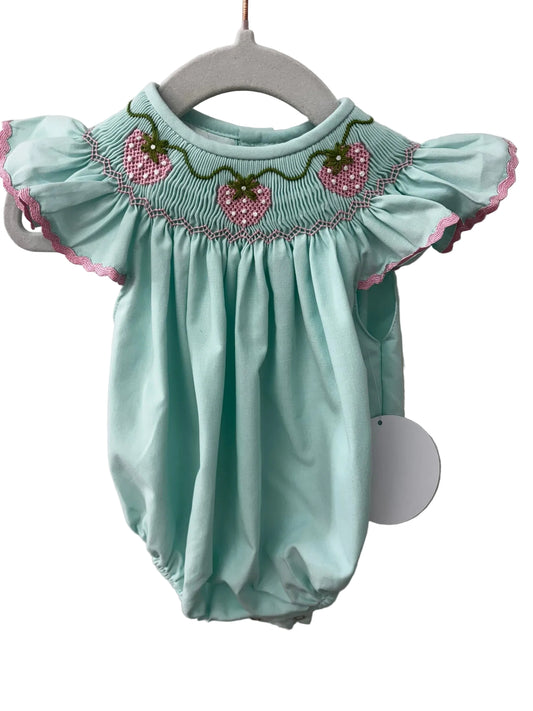 Mint green bubble with pink strawberry embroidery on smocked bodice and pink rick rack on ruffle sleeves.