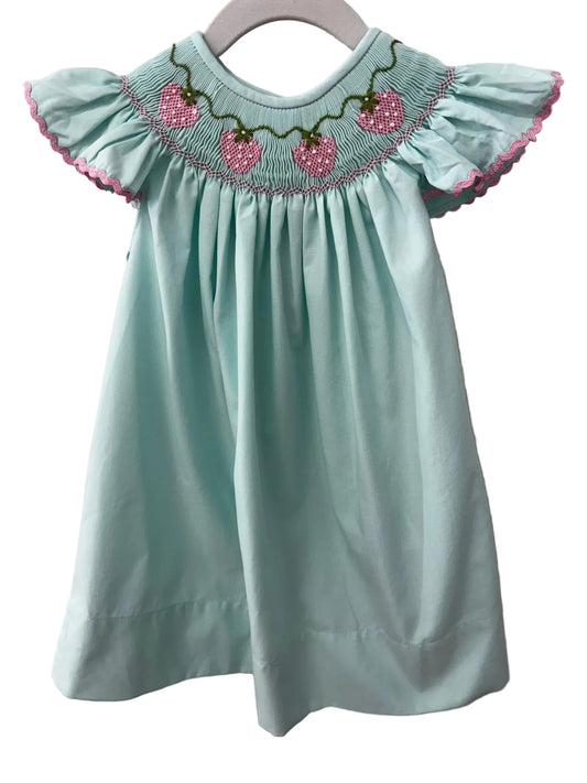 Mint green dress with pink strawberry embroidery on a smocked bodice and pink rick rack trim on the ruffle sleeves.