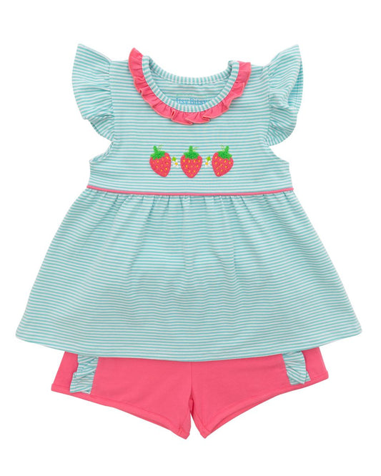 Short set with blue white stripes with embroidered strawberries with pink shorts