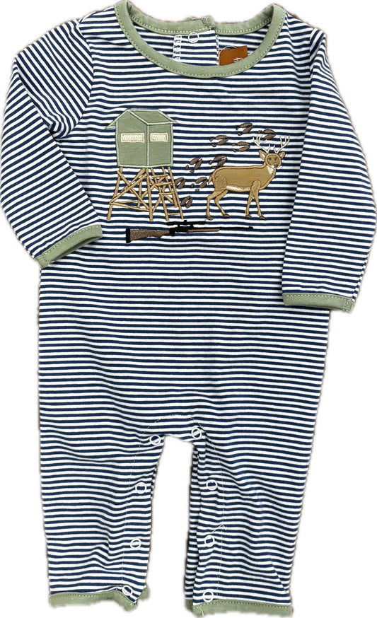 Blue striped long sleeve romper with pale green trim and a deer, rifle and tree stand applique.