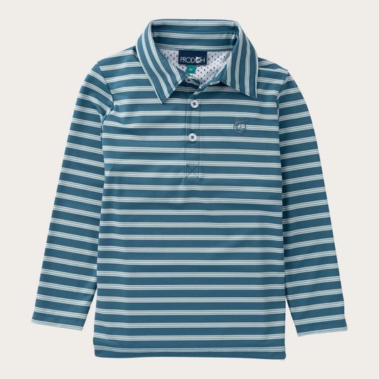 Blue and white striped long-sleeve polo shirt on a light gray background