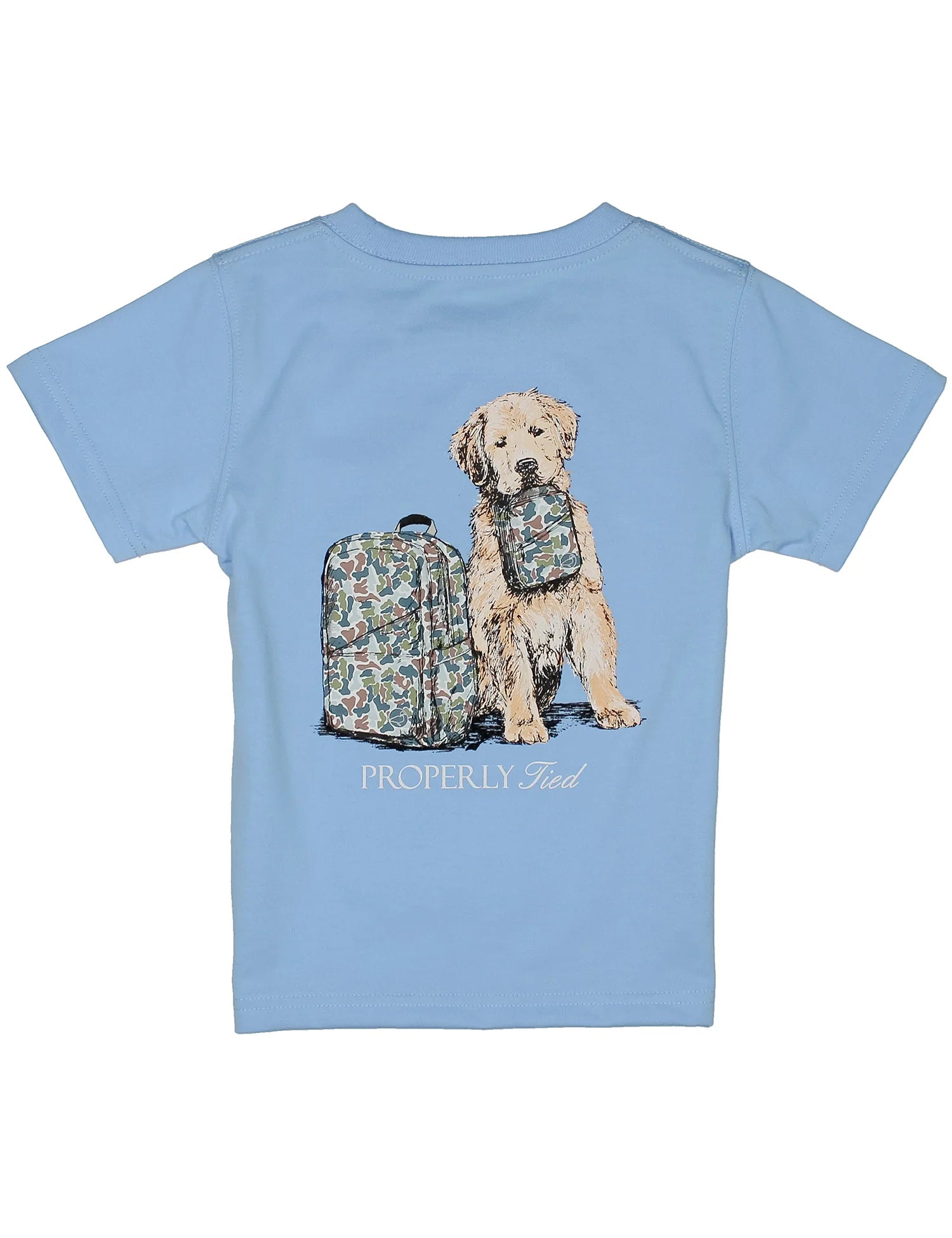 Light blue short sleeve tshirt with a puppy with a lunch bag and backpack graphic on the back.