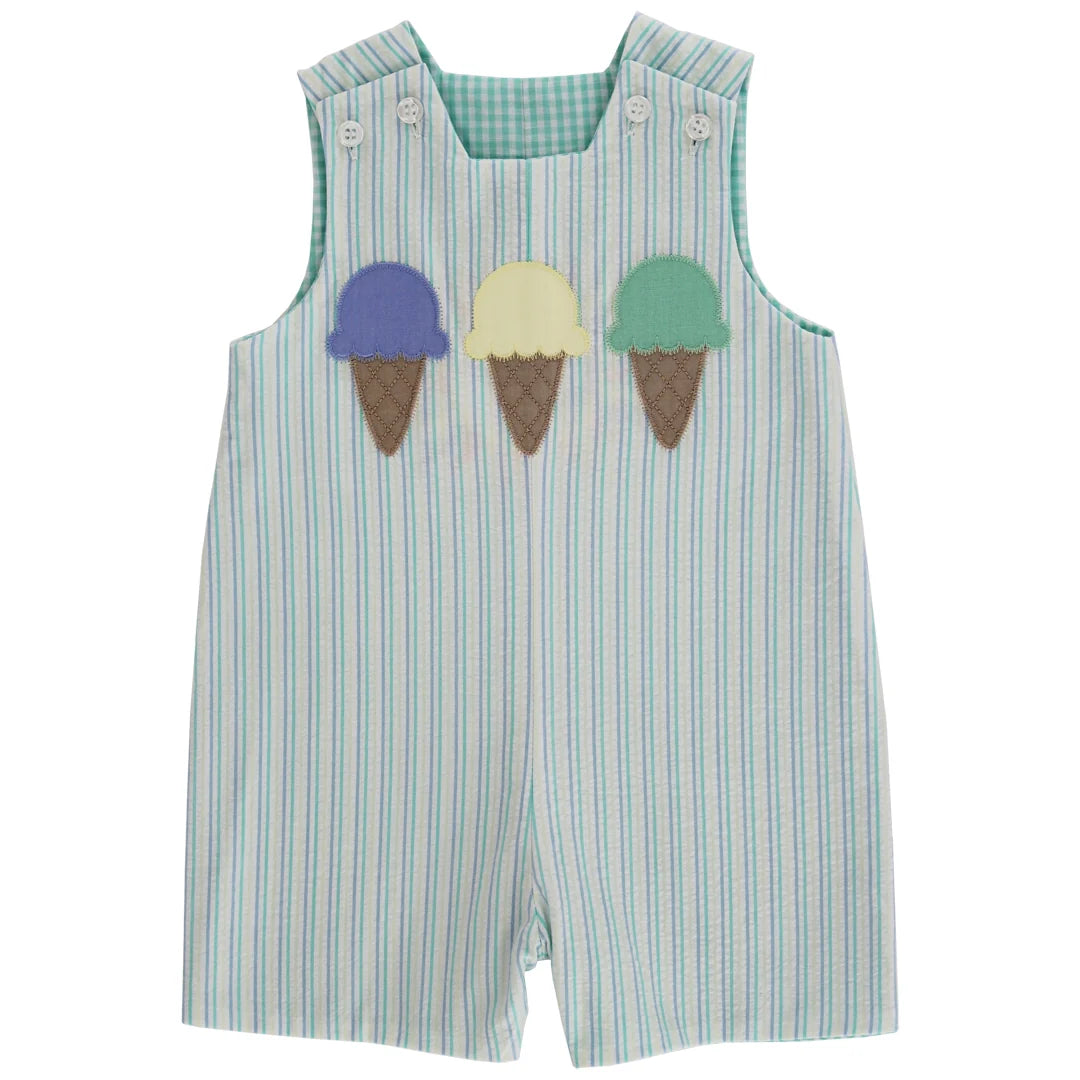 Striped overalls with ice cream cone patches 