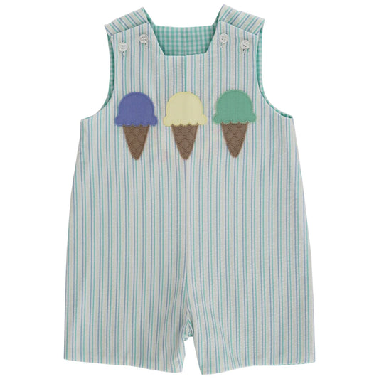 Striped overalls with ice cream cone patches 