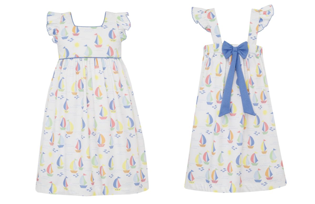 Sundress w/ ruffle sleeves and Periwinkle bow in the back -Sailboat print knit