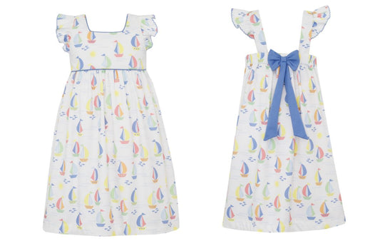 Sundress w/ ruffle sleeves and Periwinkle bow in the back -Sailboat print knit