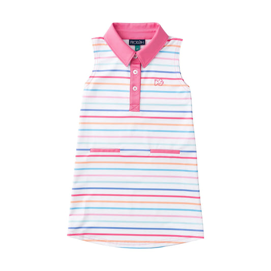 Striped athletic dress with a pink collar on a white background