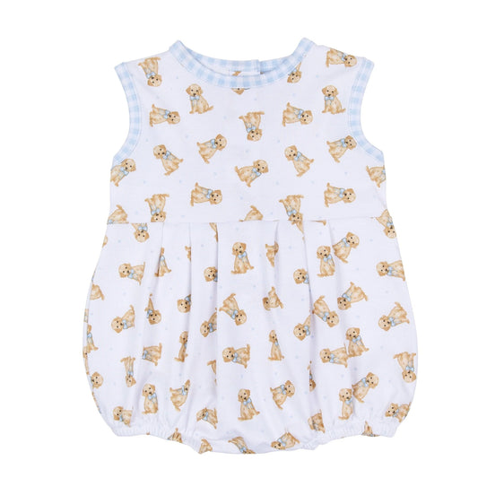 Pleated sleeveless bubble with golden retriever pattern and blue gingham trim.