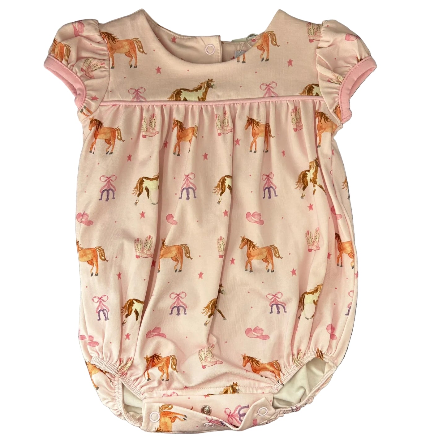 A short-sleeve bubble in light pink, featuring an all-over repeating pattern of  horses, horseshoes, cowboy boots and cowboy hats.