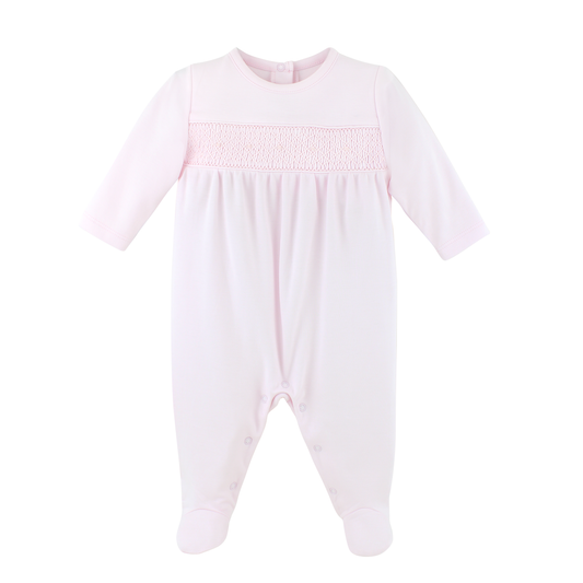 Pink smocked footie romper 