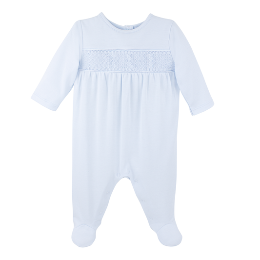 Blue smocked footie romper