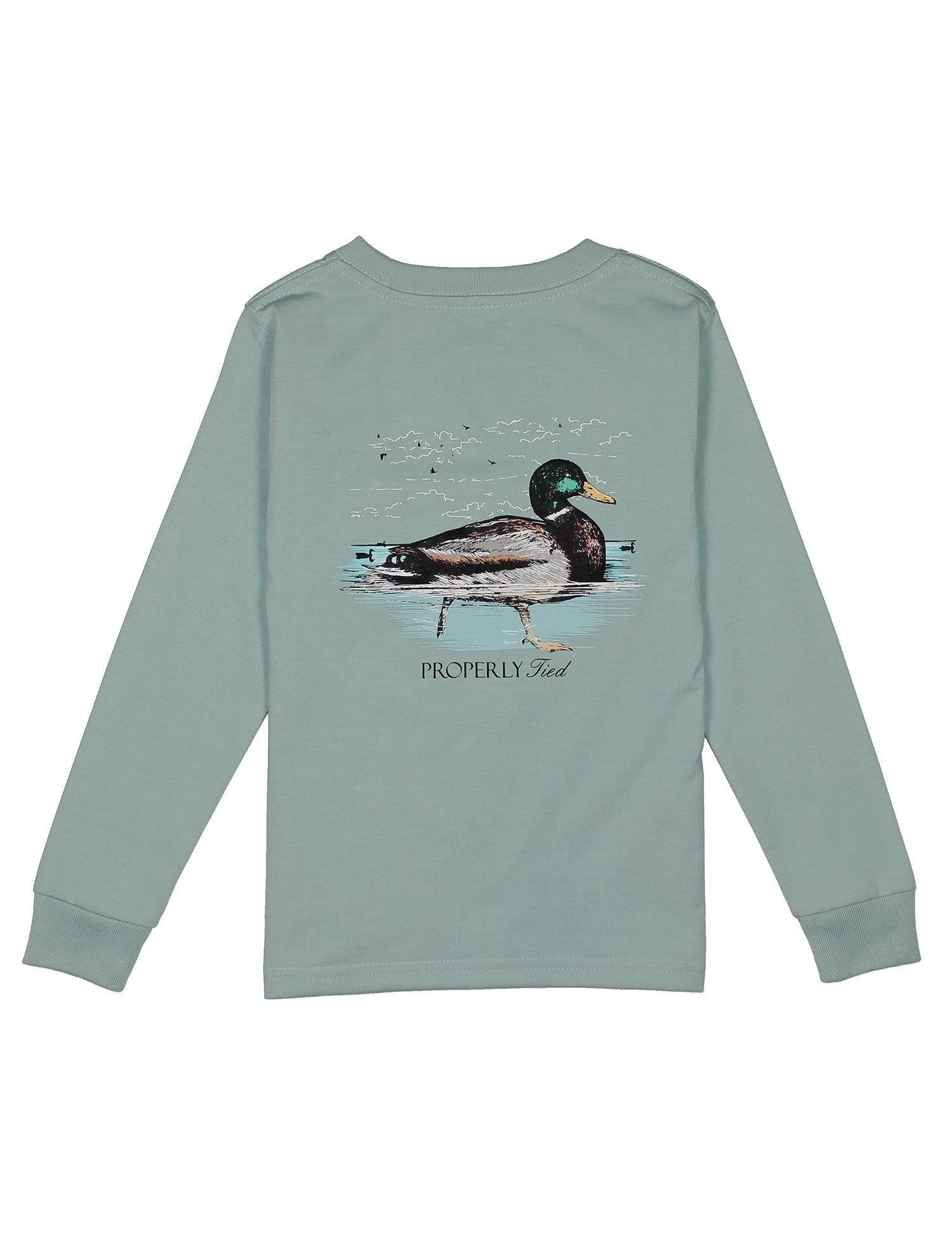 Long-sleeve shirt with a swimming duck graphic on a white background