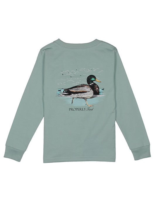 Long-sleeve shirt with a swimming duck graphic on a white background