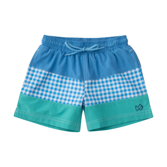 Boogie Board Swim Trunk in Marina Blue Gingham and Atlantis Green Colorblock