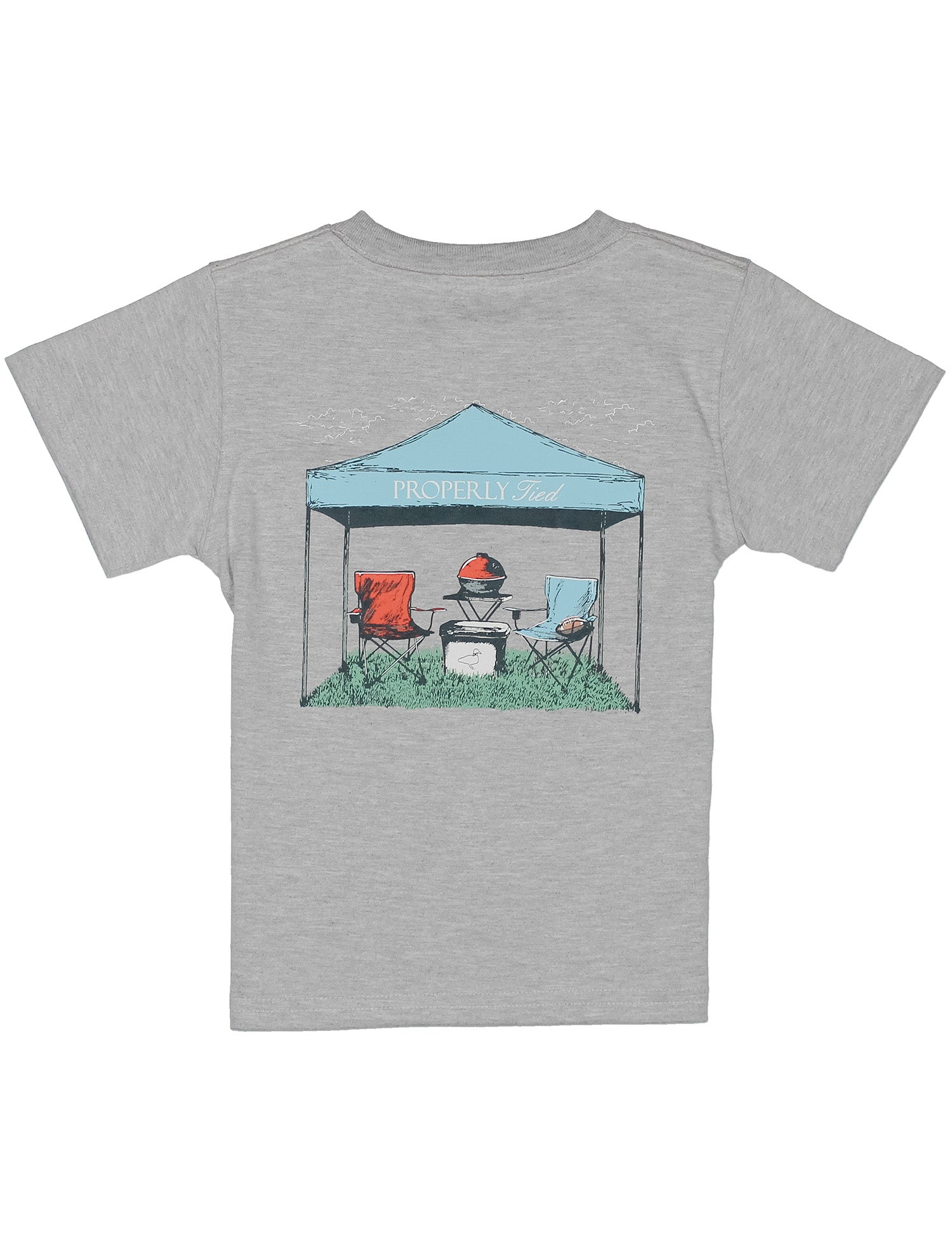 Gray t-shirt with a graphic of a tent and camping chairs on a white background