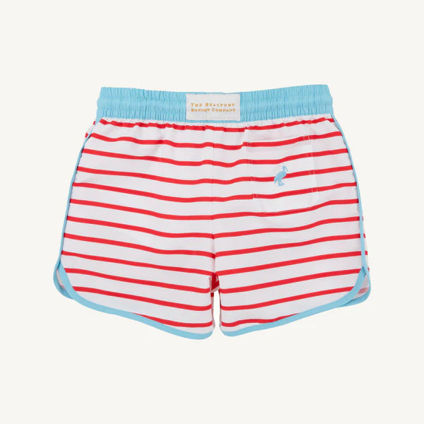Red and white striped swim shorts with blue trim on a white background
