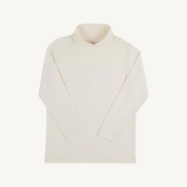 An off-white long-sleeve mock neck sweater displayed flat against a solid off-white background.