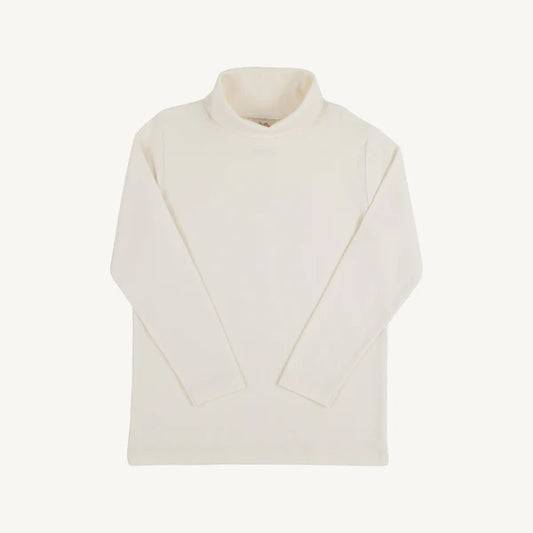 An off-white long-sleeve mock neck sweater displayed flat against a solid off-white background.
