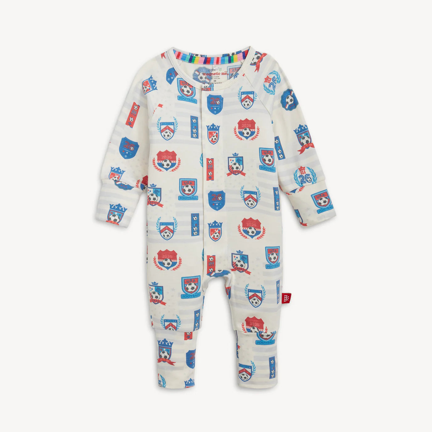 Sports themed baby coverall.