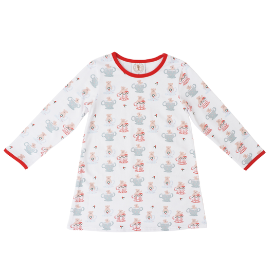A long-sleeve white baby t-shirt dress featuring a repeating pattern of red and blue teapot illustrations, with red trim on the collar and cuffs.