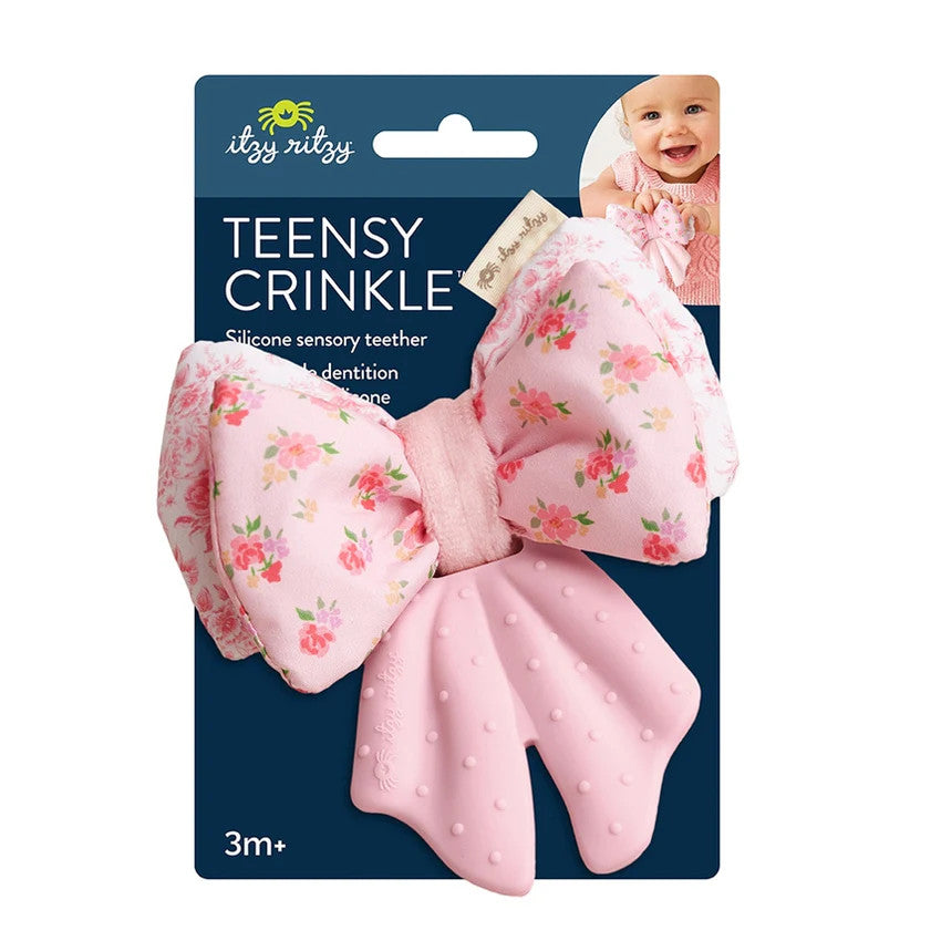 Pink crinkle bow silicone teether.
