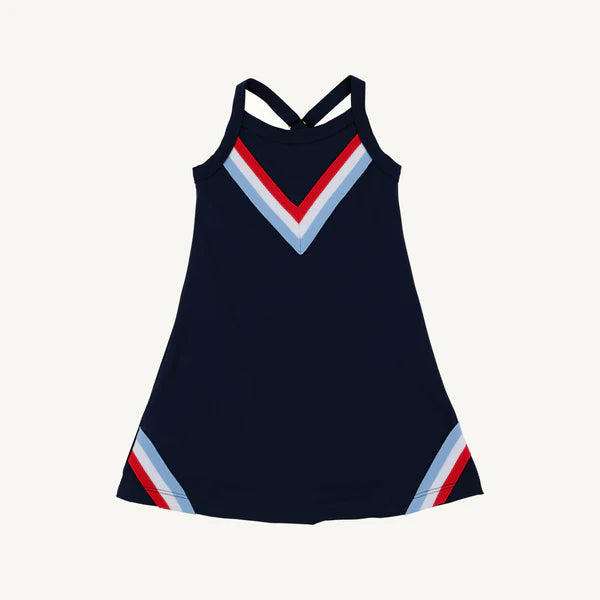 Navy athletic dress with red and white chevron pattern