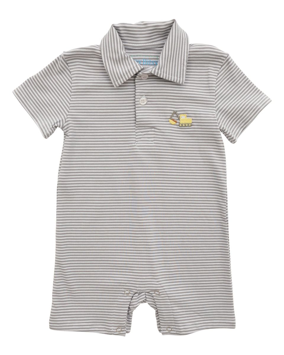 Gray striped baby romper with a small construction logo 
