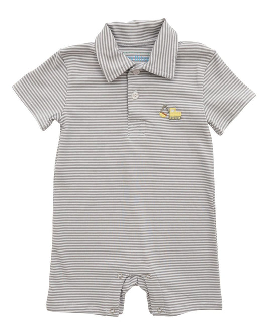Gray striped baby romper with a small construction logo 