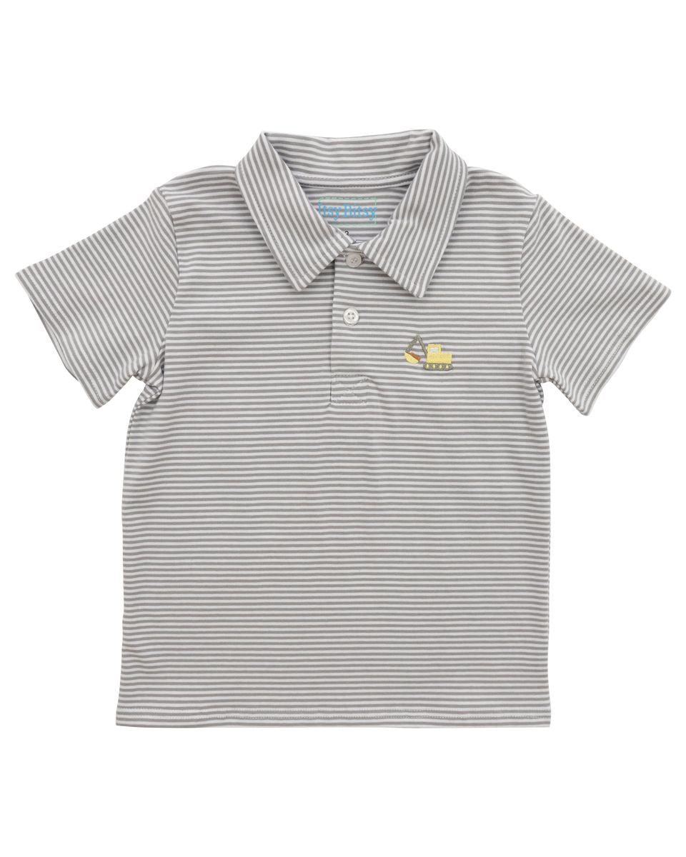 Gray striped polo shirt with construction  logo 