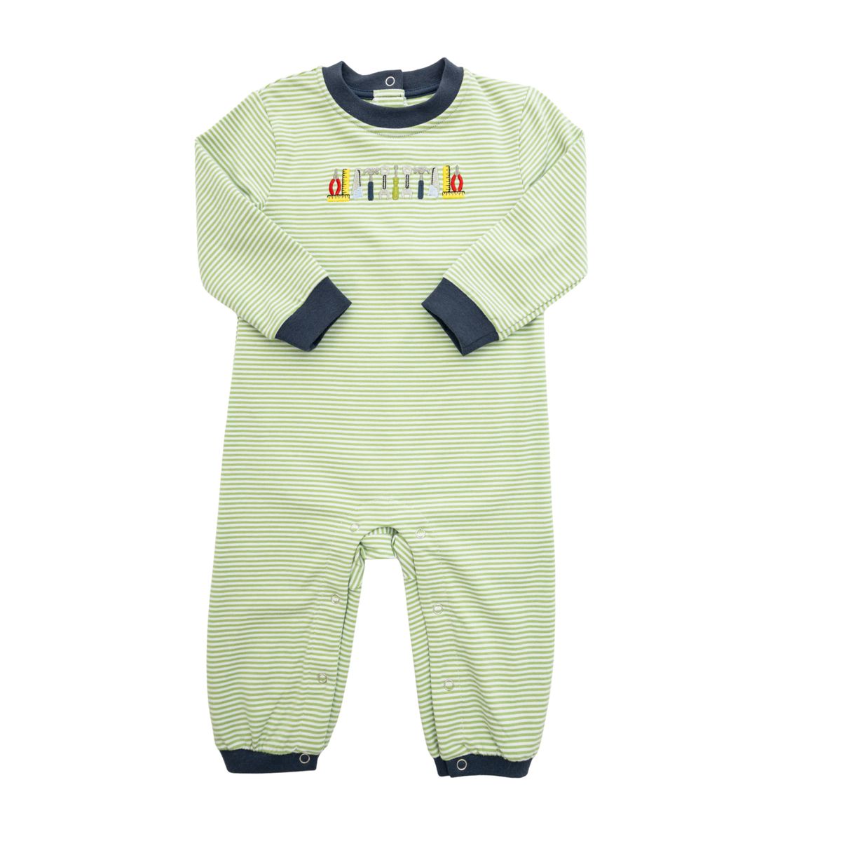 Green striped baby onesie with colorful tools on chest